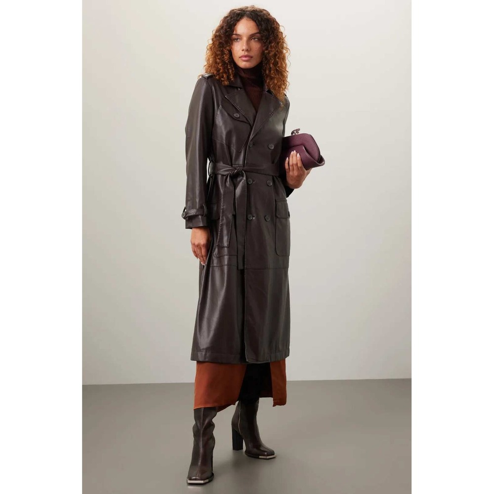 Osman Yousefzada Collective Brown Faux Leather Trench Coat Size 10